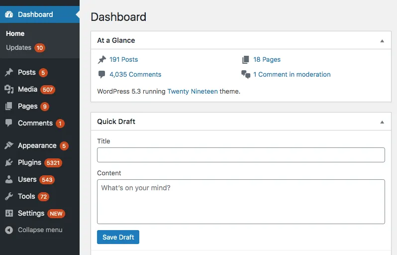 A WordPress dashboard showing dozens of plugin and theme update
notifications