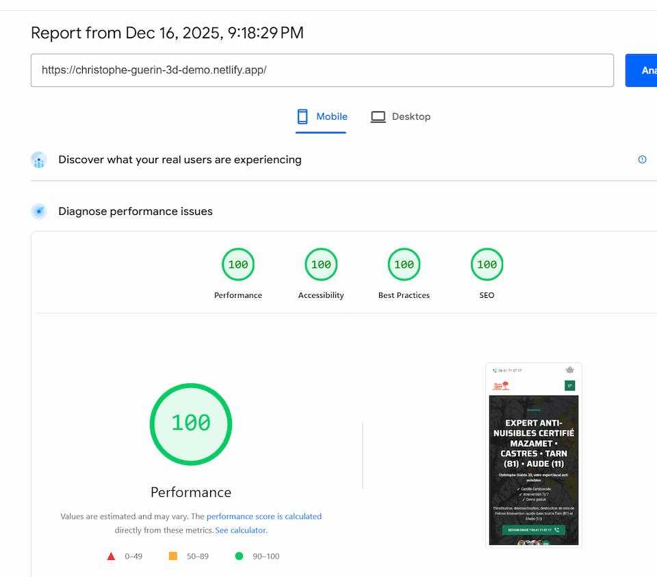 Scores Lighthouse parfaits du site Christophe Guérin 3D après développement par Montagne Noire Web Studio