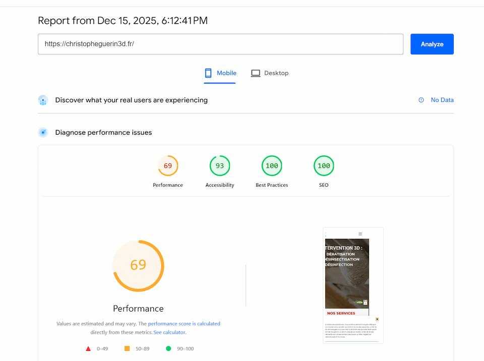 Scores Lighthouse dans le rouge du site Christophe Guérin 3D avant intervention par Montagne Noire Web Studio