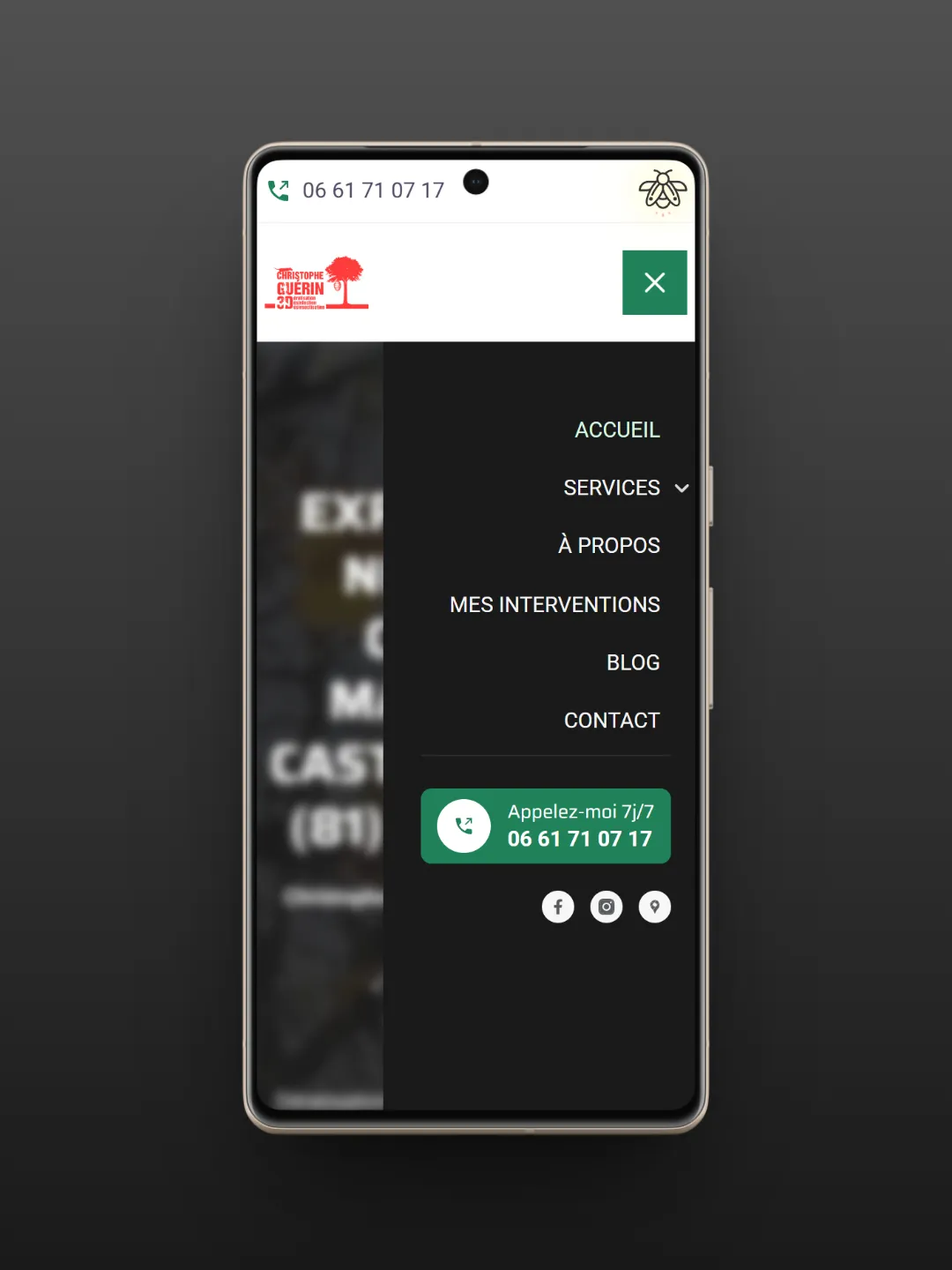 Example of optimized mobile interface with visible call button and accessible contact form.