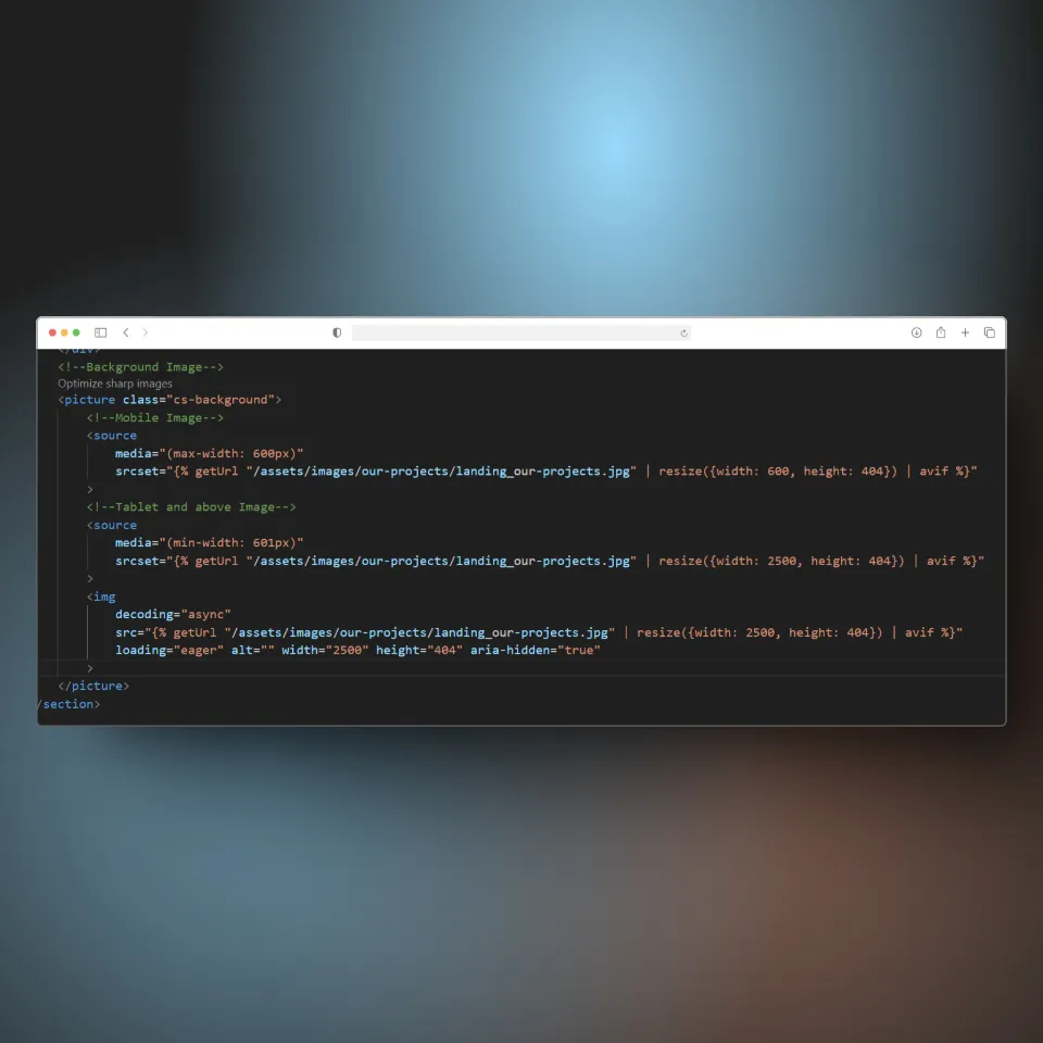 A code snippet showing image optimization