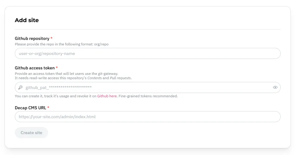 Decapbridge dashboard adding a new site