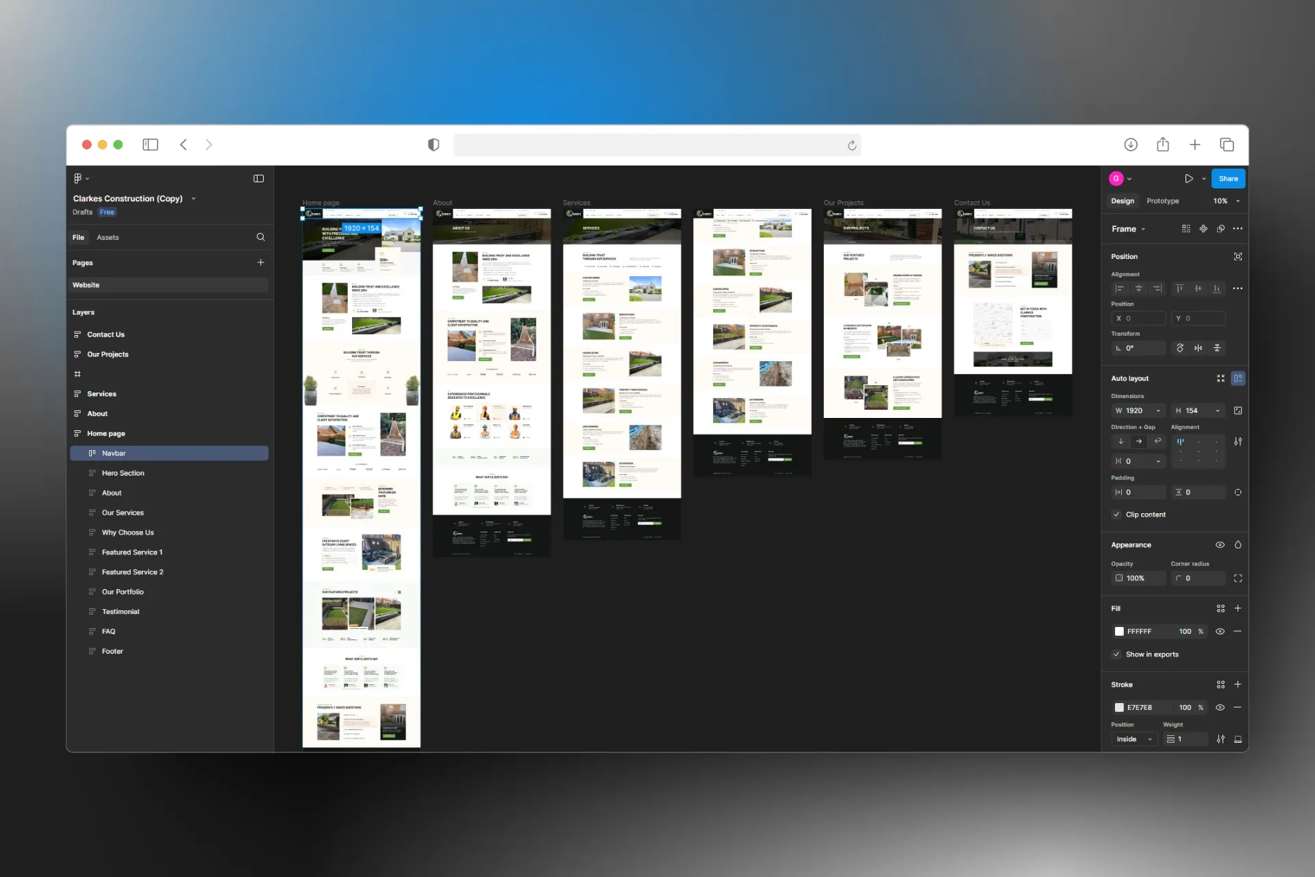 Figma dashboard of the project showing the full design prototype.