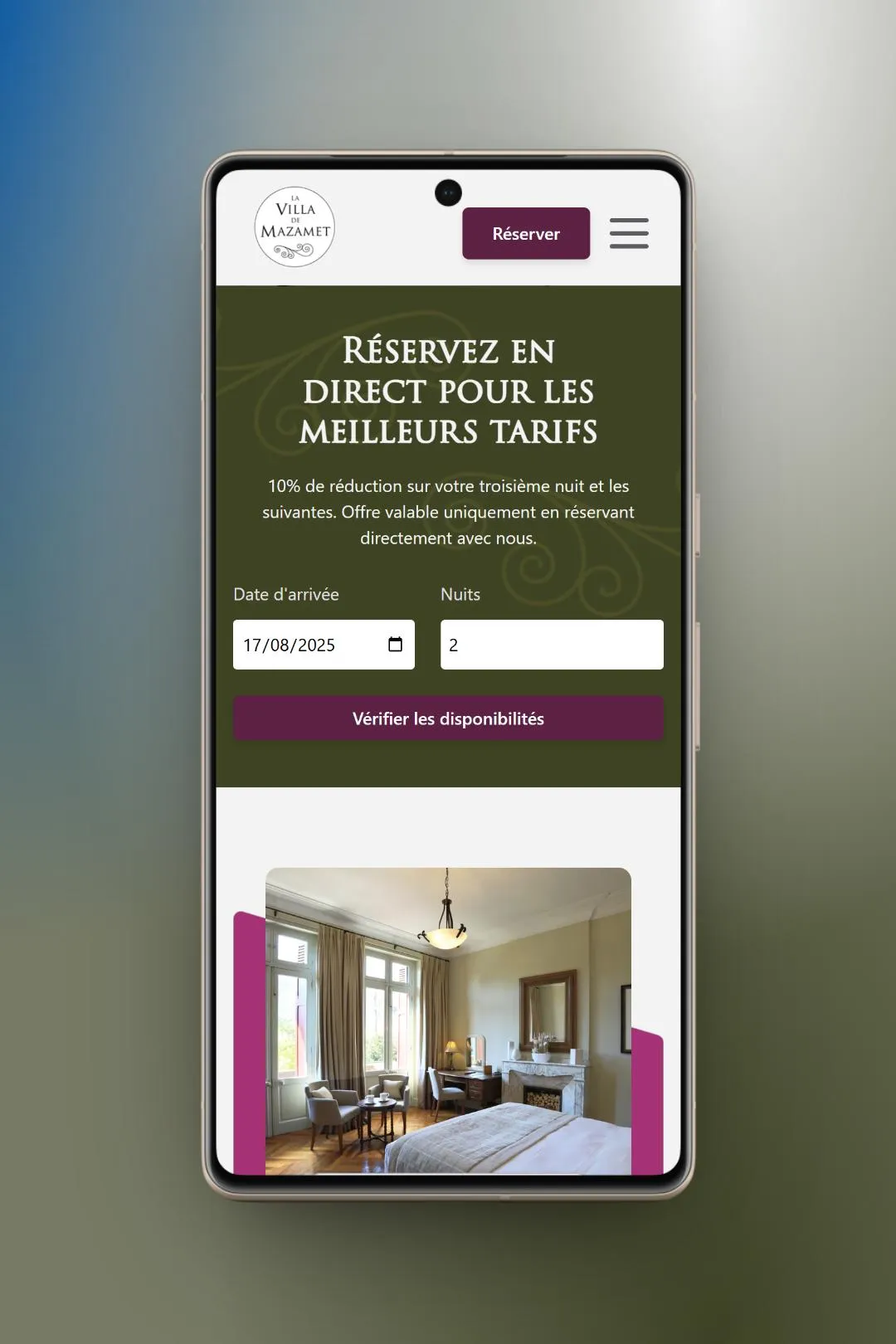 Capture d'écran du widget de réservation sur le site villademazamet.com