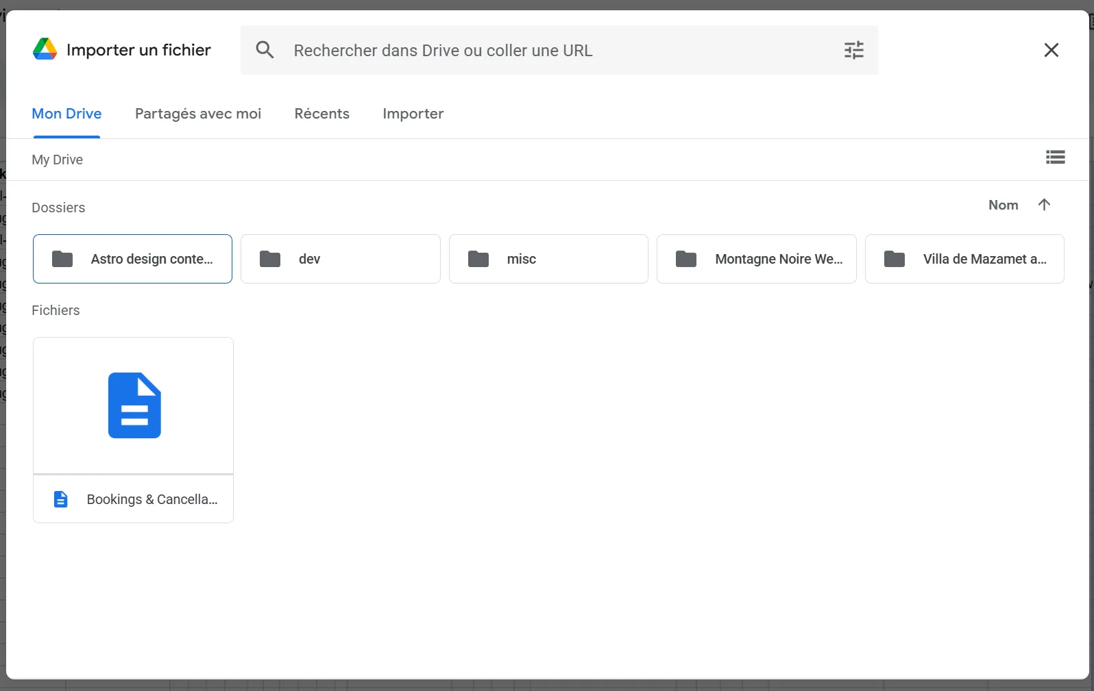 Capture d’écran : boîte de dialogue d’import Google Sheets