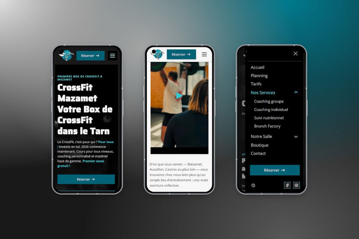Trois capture d'écran de la version mobile du site CrossFit Mazamet, montrant la page d'accueil, la page contact et version claire, et le menu mobile.