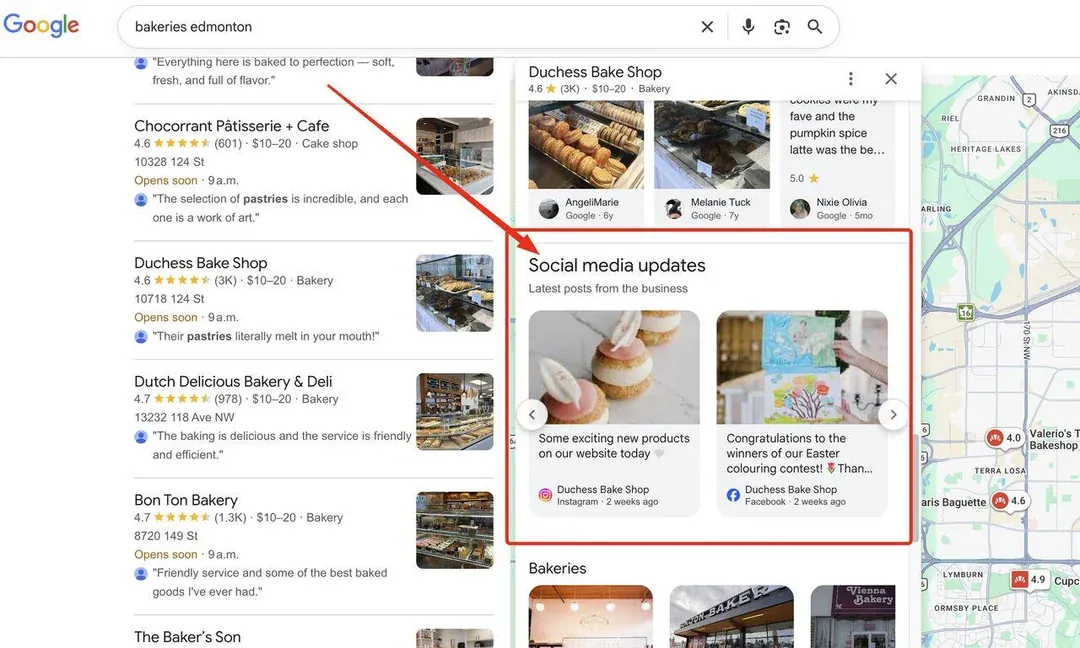 Carrousel "Social Media Updates" affiché sur une fiche établissement Google