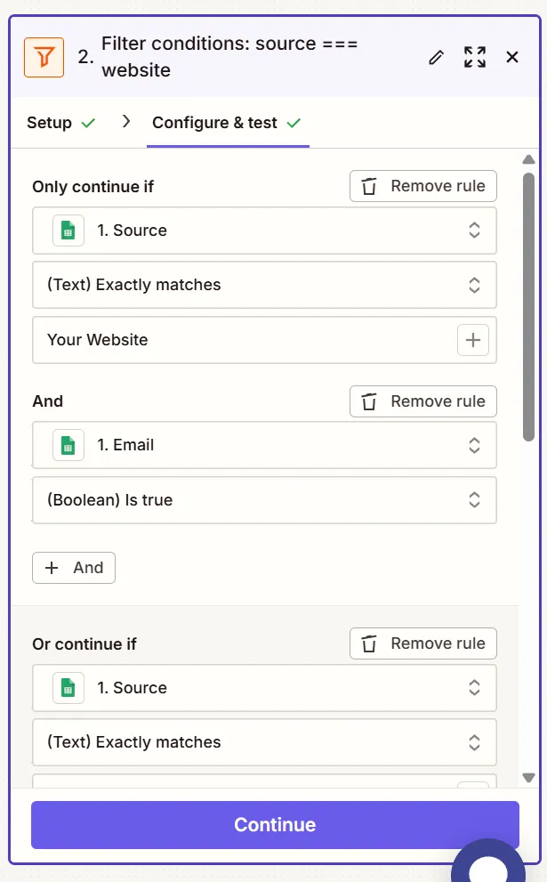 Capture d'écran : configuration des filtres
